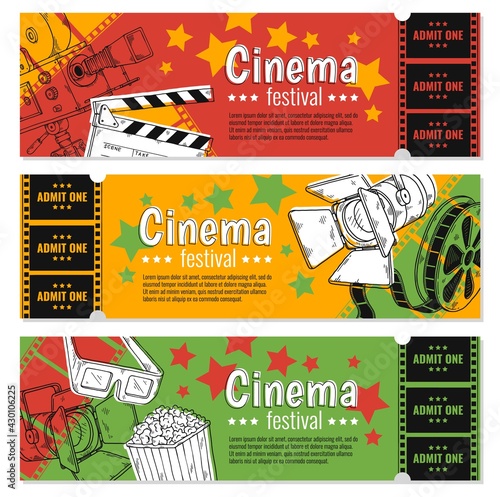 Movie film ticket set, cinema festival, entertainment event a vector illustrations