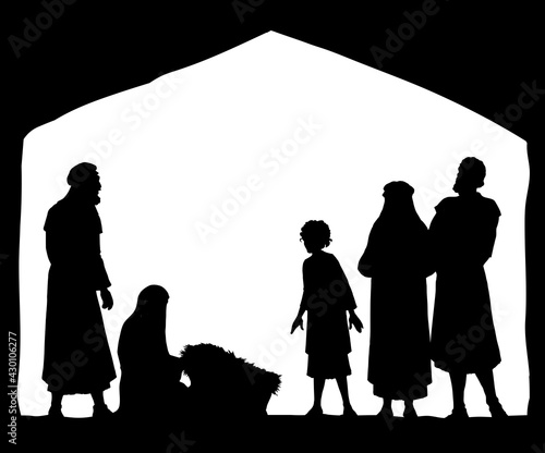 The shepherds came to bow to the newborn baby Jesus. Vector drawing
