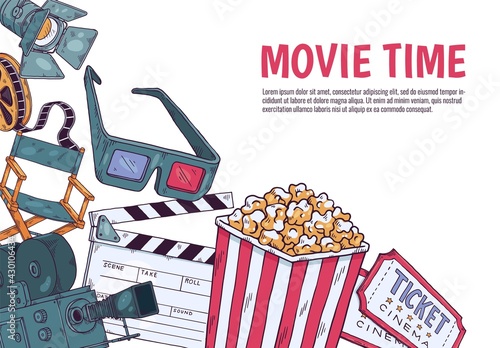 Movie Time web banner or poster template hand drawn sketch vector illustration.