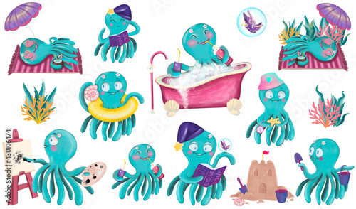 Fototapeta Naklejka Na Ścianę i Meble -  Ocean friends cartoon illustration. Ocean fauna cartoon in cartoon style. Cute octopus illustration.