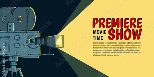 Art banner for premiere of cinema movie, cinematography entertainment event.