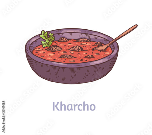 Kharcho soup of Caucasian Georgian cuisine, sketch vector illustration isolated.