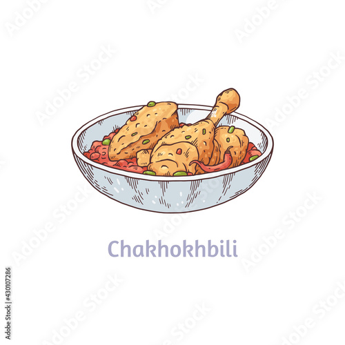 Chakhokhbili of Caucasian Georgian cuisine, sketch vector illustration isolated.