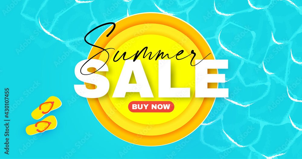 Summer sale. Season sale cute poster template with sea, sun and slippers. Summer sale. Season sale cute poster template with sea, sun and slippers.