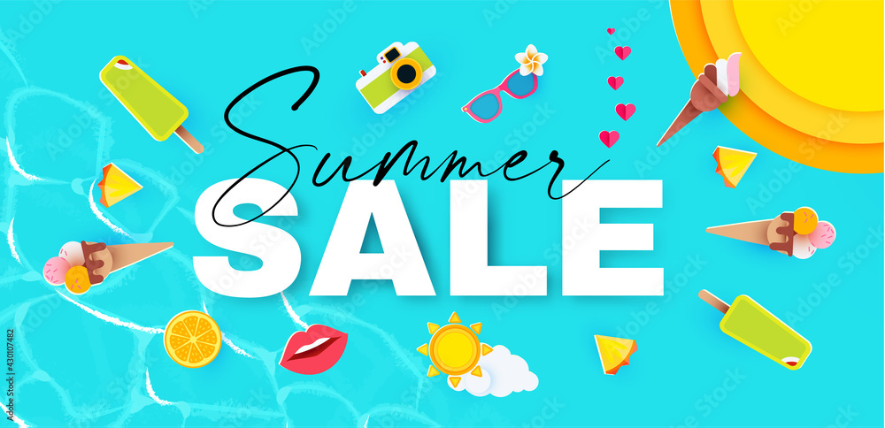 Summer sale. Season sale cute poster template with sea, sun and ice cream.