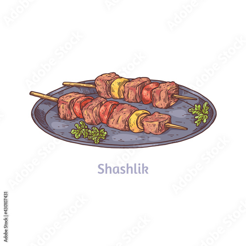Georgian caucasian shashlik grilled meat engraving vector illustration isolated.