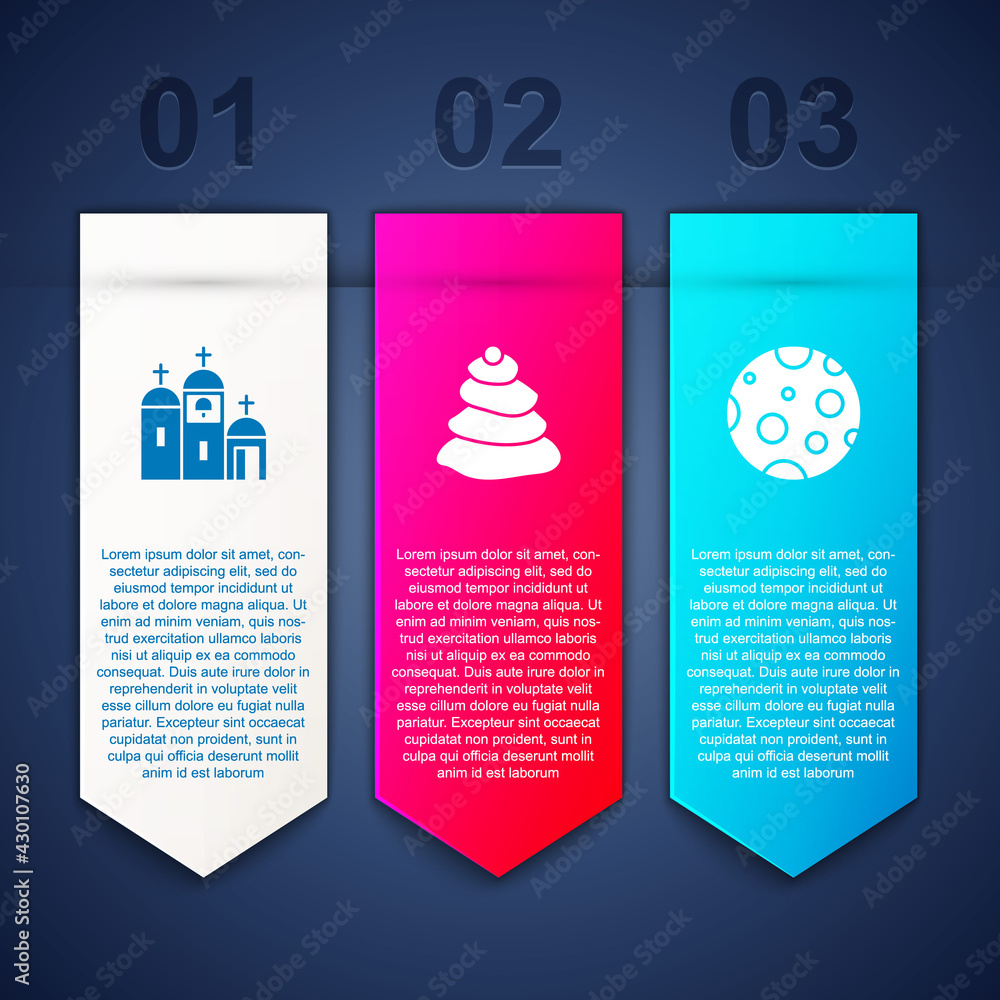 Set Church building, Stack hot stones and Moon. Business infographic template. Vector Set Church building, Stack hot stones and Moon. Business infographic template. Vector