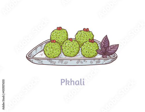 Georgian vegetarian dish Pkhali, hand drawn sketch vector illustration isolated.