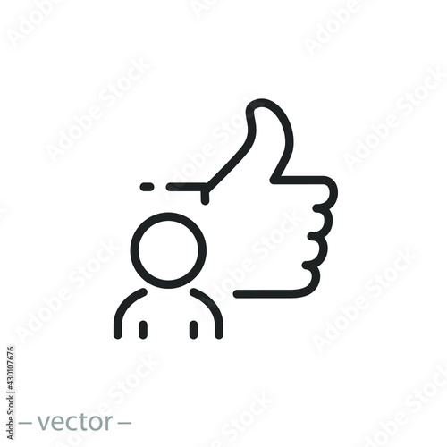 thumb up with man icon, person like it, excellent, rating good or best, employee characteristic, super feedback customer, thin line symbol on white background - editable stroke vector eps10.eps