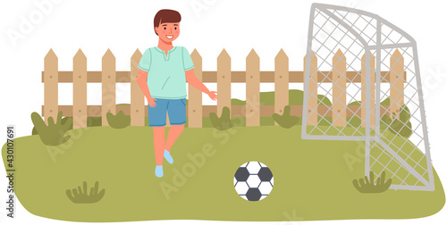 Guy plays football on street. Athlete kicks ball and scores goal. Male character running after ball during game. Man strikes at goal to win. Footballer is engaged in sports, outdoor activities