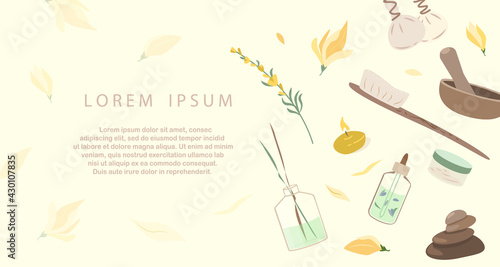 Spa Welness Center Advertising banner, Sale poster.Herbal Treatment Concept Leaflet.Face,Body Creams,Lotions Broadsheet. Skin care for health,wellbeing, beauty salon. Flat vector illustration isolated