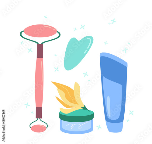 Cream and Lotion bottles with natural cosmetics,Facial Massager Roller and guache scraper.Essence organic serum for body care.Herbal extracts in transparent container.Flat Vector Illustration isolated