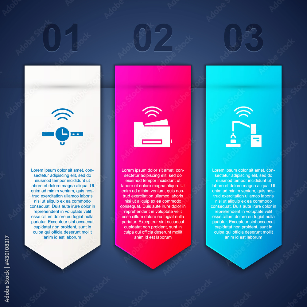 Set Smartwatch, printer and Robotic robot arm hand factory. Business infographic template. Vector Set Smartwatch, printer and Robotic robot arm hand factory. Business infographic template. Vector