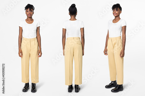 Canvas Print Woman in white tee and beige slacks casual wear fashion full body
