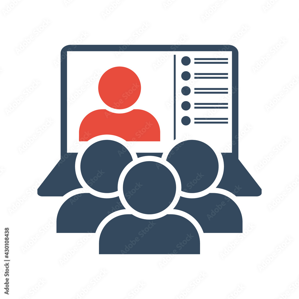 group of people in front of laptop monitor, online webinar or distant education vector icon group of people in front of laptop monitor, online webinar or distant education vector icon