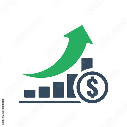 bar chart with green up arrow and dollar coin, vector icon