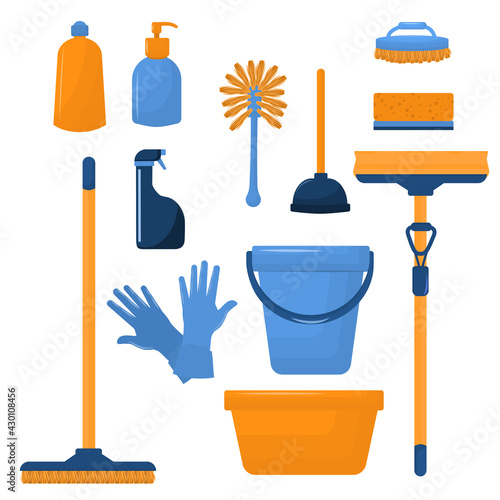 vector illustration on the theme of cleaning with mops and detergents. Set of cleaning tools