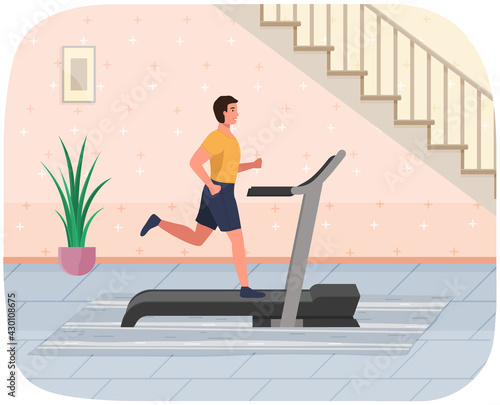 Sporty man is engaged in hall on treadmill. Running, playing sports at home. Cardio workout. Exercising in gym in morning. Running and cardio indoors. Healthy lifestyle concept. Gymnastics practice
