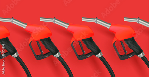 realistic illustration of fuelling gun or gas nozzle, 3d red and black with metal tip on red backdrop, gas station poster background