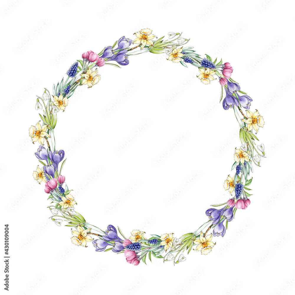 Spring flower wreath. Watercolor illustration. Spring tender garden flowers decorative round frame. Daffodil, crocus, narcissus elegant spring wreath. Floral decor on white background Spring flower wreath. Watercolor illustration. Spring tender garden flowers decorative round frame. Daffodil, crocus, narcissus elegant spring wreath. Floral decor on white background