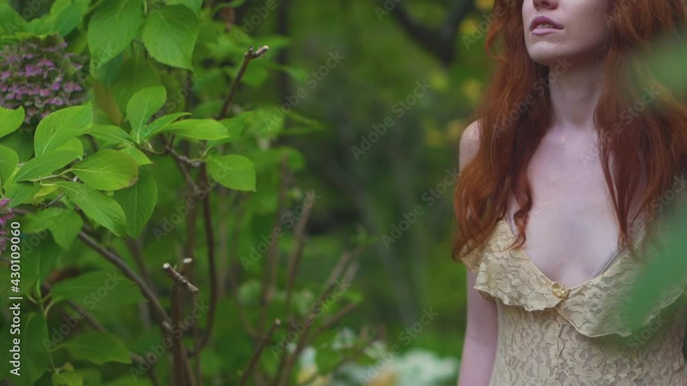 Beautiful redhead woman with long flowing hair walks through a stunning garden in autumn. A romantic and cinematic scene of a red haired woman wearing a long evening dress. Lost in romantic thoughts. Beautiful redhead woman with long flowing hair walks through a stunning garden in autumn. A romantic and cinematic scene of a red haired woman wearing a long evening dress. Lost in romantic thoughts.