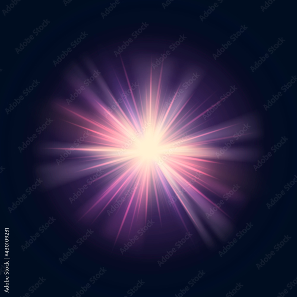 Obraz premium Bright sunburst lens flare in purple and yellow