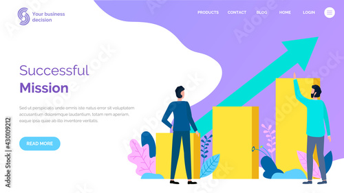 Successful mission landing page template, project management. Achievement in business and motivation concept. Businessmen standing at rectangular bars, prosperous teamwork, business planning