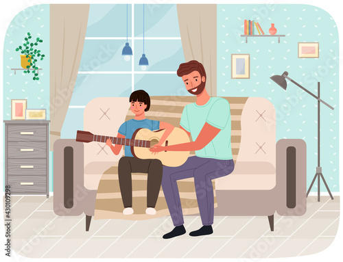Father spend time with his child. Dad teaches his son how to play guitar. Parent and kid happy together at home. Musician teaches child to make music. Guitar and music lesson vector illustration