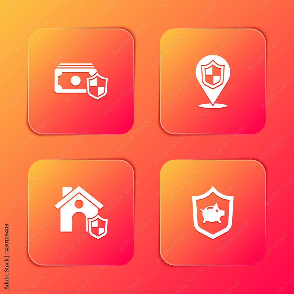 Set Money with shield, Location, House and Piggy bank icon. Vector
