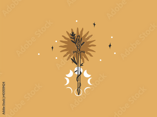 Hand drawn vector abstract stock flat graphic illustration with logo elements, magic line art of sun,crescent,moon phase and sword in simple style for branding ,isolated on color background