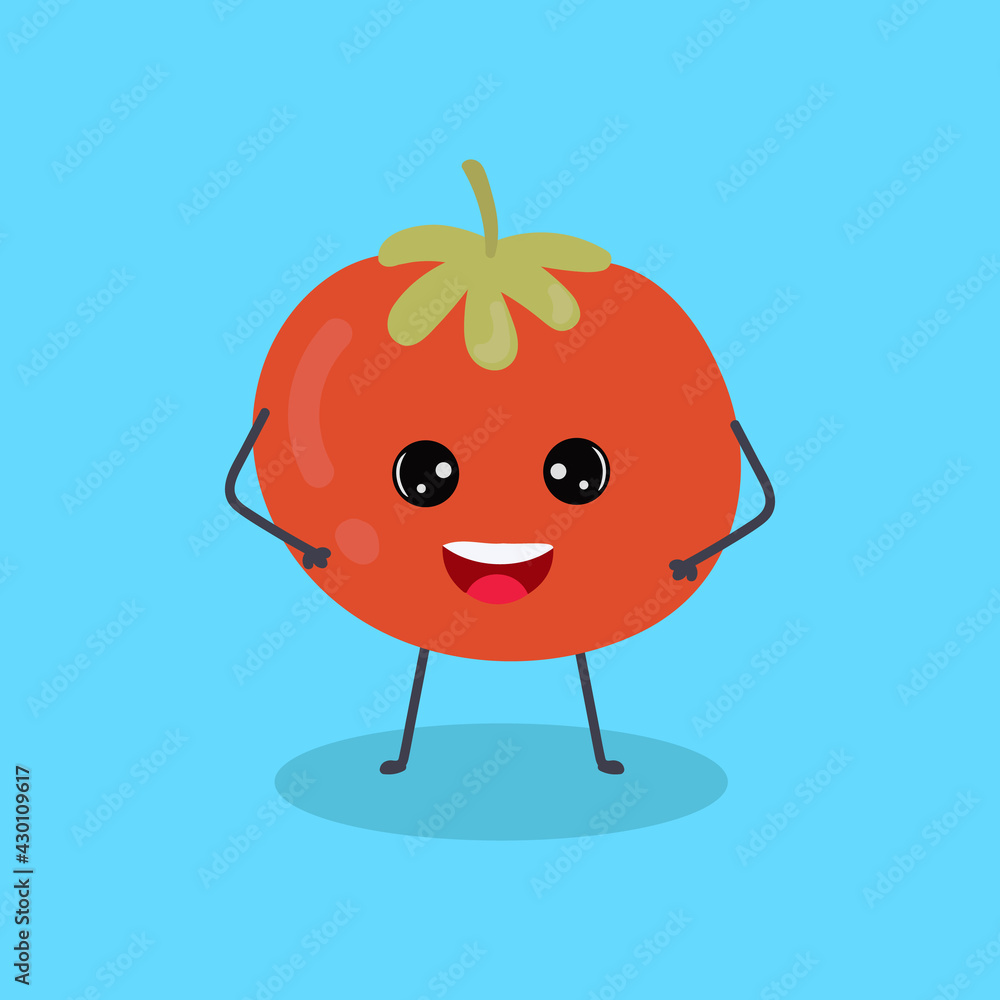 Cartoon tomato with cute face. Illustration with funny and healthy food. Isolated on blue background. Vegan concept Cartoon tomato with cute face. Illustration with funny and healthy food. Isolated on blue background. Vegan concept