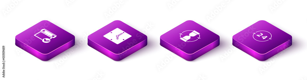 Set Isometric Calendar with check mark, Clock, Old hourglass and 24 hours icon. Vector Set Isometric Calendar with check mark, Clock, Old hourglass and 24 hours icon. Vector