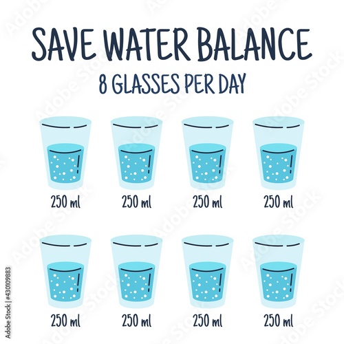 Water balance tracker. 8 glasses per day. Glasses with water. Colored flat vector illustration isolated on white background.
