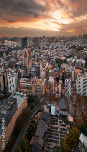 The view from the Tokyo Tower to the skyscrapers of Minato city at sunset. Tokyo. Japan