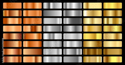 Gold, silver, bronze and golden foil texture gradation background set. Vector shiny hologram and metalic gradient collection for border, frame, ribbon, label design. Vector illustration