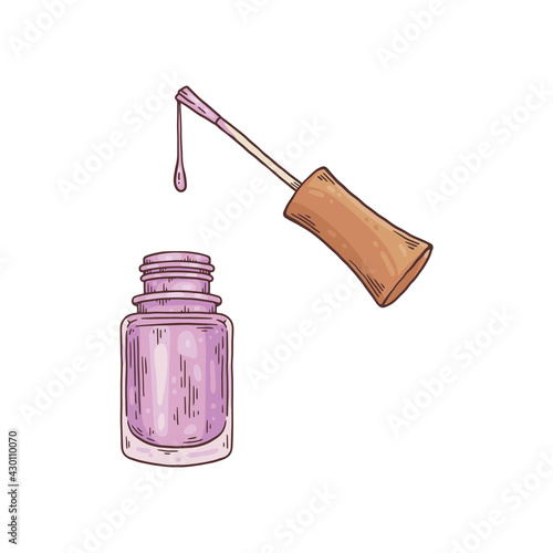 Nail enamel or lacquer bottle with brush sketch vector illustration isolated.