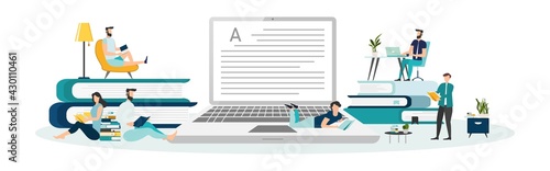 Online education vector illustration. Concept of online courses. e-learning. digital library. e-book. online exam. examination and testing in university. college. Flat illustration for UI, banner.