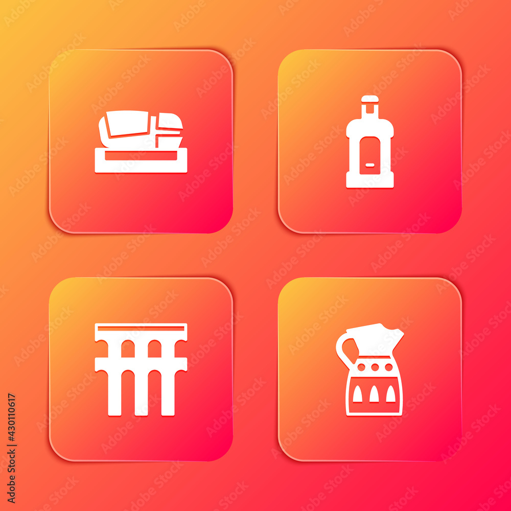 Set Stadium Mestalla, Orujo, Aqueduct of Segovia and Sangria pitcher icon. Vector Set Stadium Mestalla, Orujo, Aqueduct of Segovia and Sangria pitcher icon. Vector