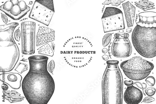 Farm food design template. Hand drawn vector dairy illustration. Engraved style different milk products and eggs banner. Retro food background.