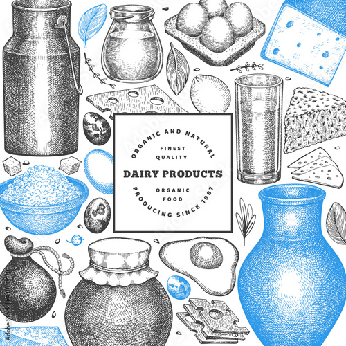 Farm food design template. Hand drawn vector dairy illustration. Engraved style different milk products and eggs banner. Retro food background.