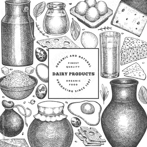 Farm food design template. Hand drawn vector dairy illustration. Engraved style different milk products and eggs banner. Retro food background.