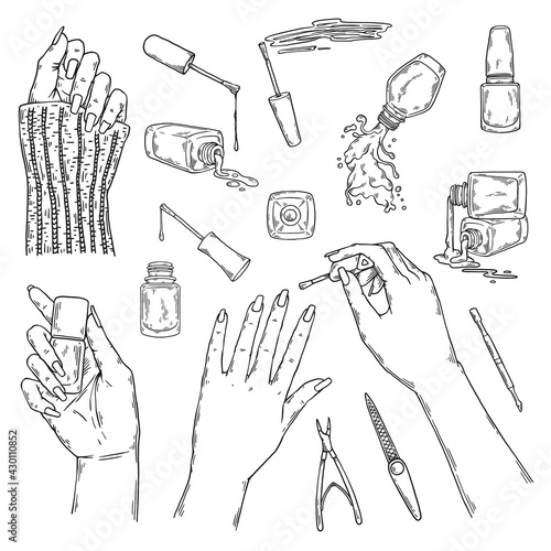 Nail manicurist bar or saloon items set sketch vector illustration isolated.