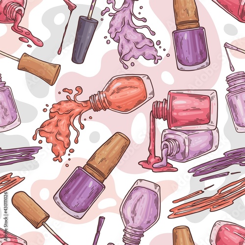 Seamless pattern design with nail lacquer bottles, sketch vector illustration.
