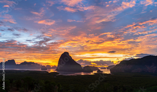 Samed nang chee  famous destination in Phang nga  Beautiful unseen paradise scene of seascape at Andaman sea in Southern Thailand. The landscape view with morning sunlight  the nature bay near Phuket.