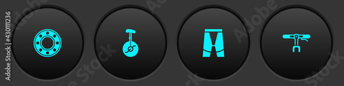 Set Bicycle ball bearing, Unicycle or one wheel bicycle, Cycling shorts and handlebar icon. Vector
