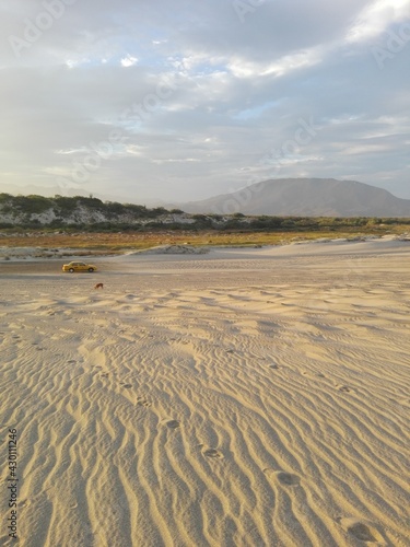 sand dunes on the beach with yellow car