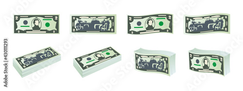 Money icons. Two dollar bills. Dollars banknotes from front and reverse side. Dollar's banknotes set. Vector illustration