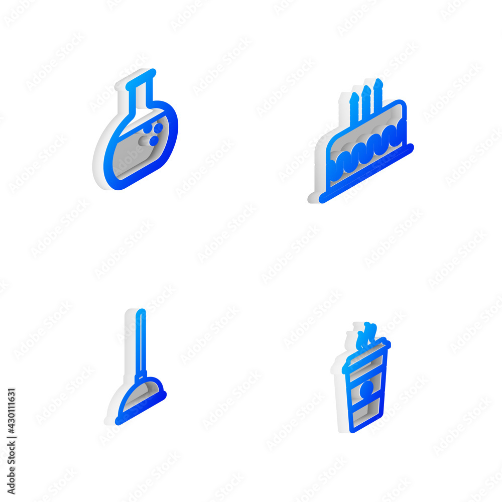 Set Isometric line Cake with burning candles, Test tube flask, Rubber plunger and Coffee cup icon. Vector Set Isometric line Cake with burning candles, Test tube flask, Rubber plunger and Coffee cup icon. Vector