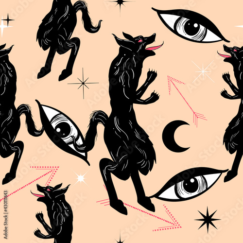 Bohemian tattoo art style seamless pattern with werewolf eyes and arrows. Mystic fantasy print.