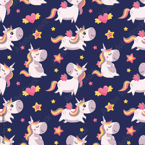 Seamless cute magical celestial vector pattern with unicorns, stars, sky, wings, hearts